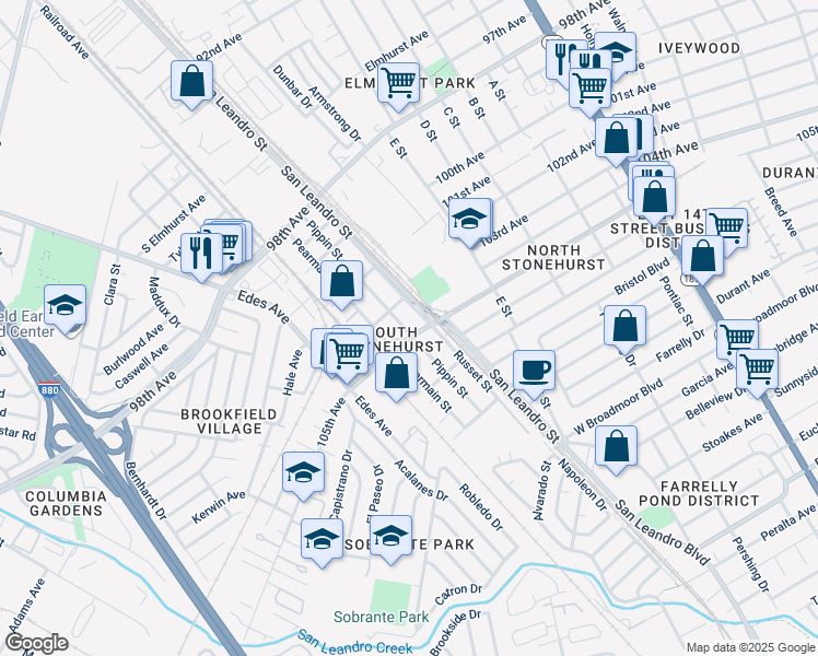 map of restaurants, bars, coffee shops, grocery stores, and more near 10442 Pippin Street in Oakland