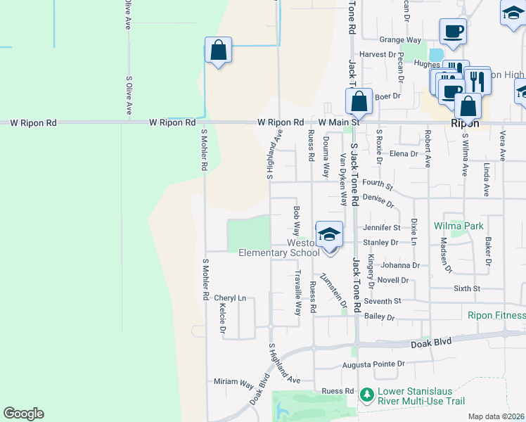 map of restaurants, bars, coffee shops, grocery stores, and more near 1817 Mary Jo Way in Ripon