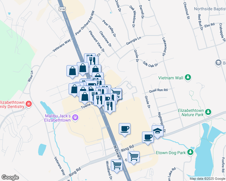 map of restaurants, bars, coffee shops, grocery stores, and more near Starlite Drive in Elizabethtown