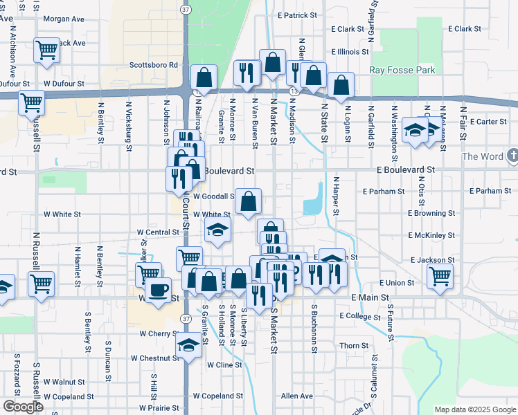 map of restaurants, bars, coffee shops, grocery stores, and more near 705 North Van Buren Street in Marion