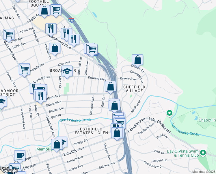 map of restaurants, bars, coffee shops, grocery stores, and more near 951 MacArthur Boulevard in San Leandro