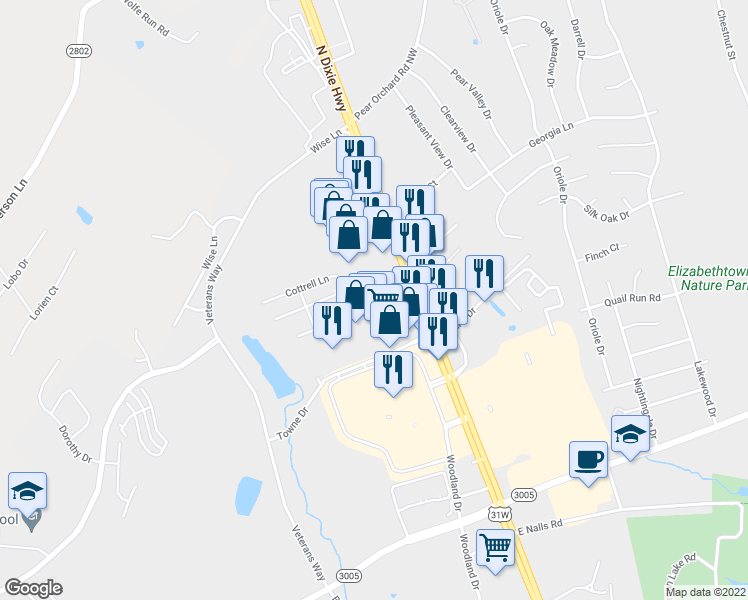 map of restaurants, bars, coffee shops, grocery stores, and more near 304 Cs-1393 in Elizabethtown