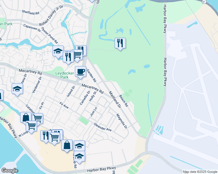 map of restaurants, bars, coffee shops, grocery stores, and more near 127 Maitland Drive in Alameda