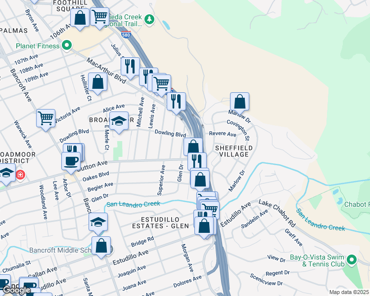 map of restaurants, bars, coffee shops, grocery stores, and more near 554 Fortuna Avenue in San Leandro