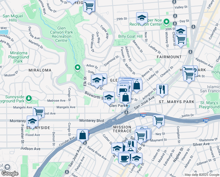 map of restaurants, bars, coffee shops, grocery stores, and more near 34 Lippard Avenue in San Francisco