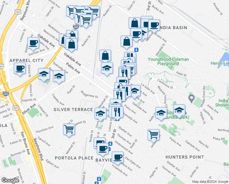 map of restaurants, bars, coffee shops, grocery stores, and more near 1675 Oakdale Avenue in San Francisco
