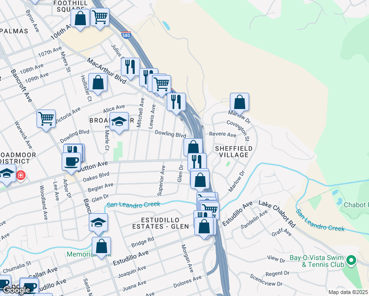 map of restaurants, bars, coffee shops, grocery stores, and more near 554 Fortuna Avenue in San Leandro