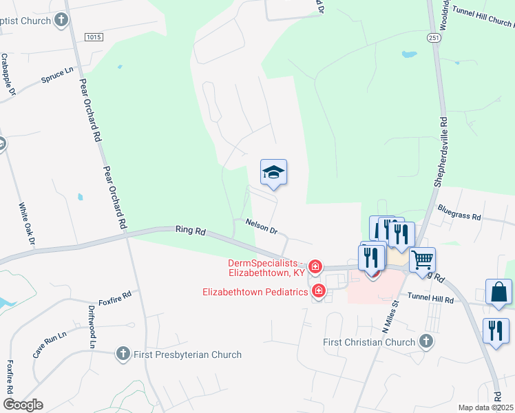 map of restaurants, bars, coffee shops, grocery stores, and more near 2300 Nelson Drive in Elizabethtown