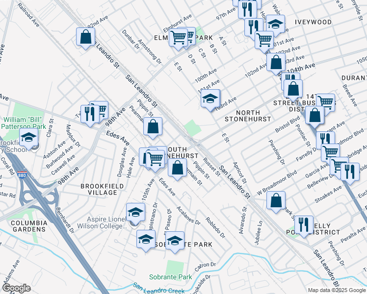 map of restaurants, bars, coffee shops, grocery stores, and more near 10442 Pippin Street in Oakland