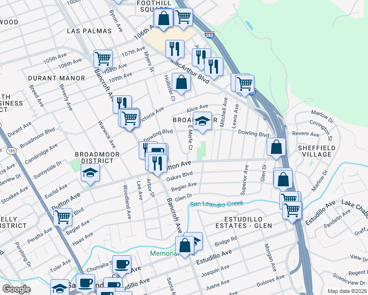 map of restaurants, bars, coffee shops, grocery stores, and more near 535 East Merle Court in San Leandro