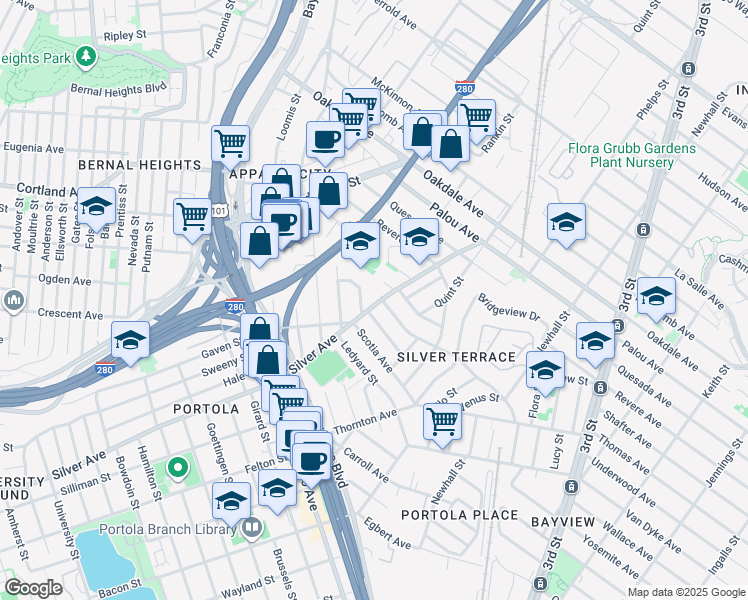 map of restaurants, bars, coffee shops, grocery stores, and more near 1935 Silver Avenue in San Francisco