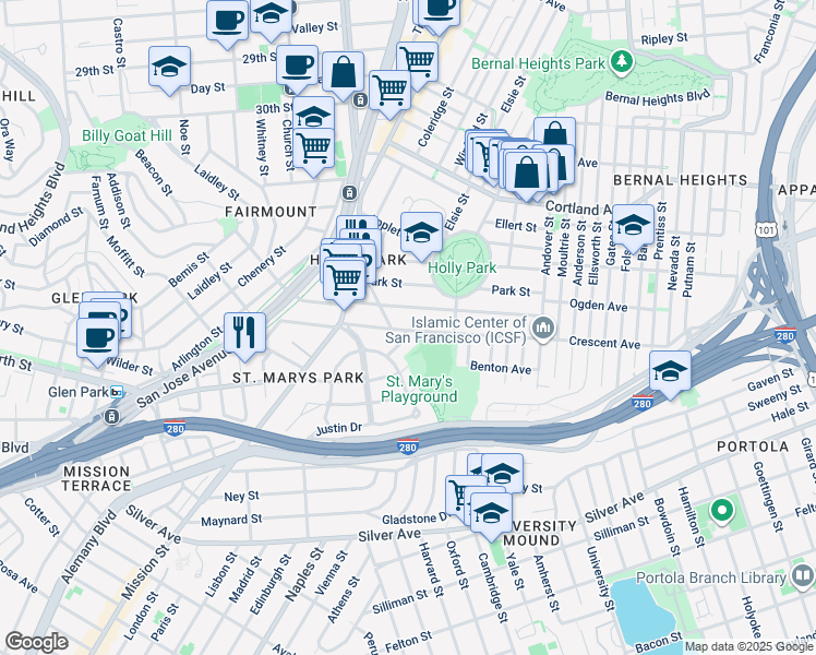 map of restaurants, bars, coffee shops, grocery stores, and more near 129 Crescent Avenue in San Francisco