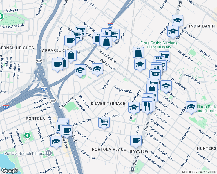 map of restaurants, bars, coffee shops, grocery stores, and more near Quint Street in San Francisco
