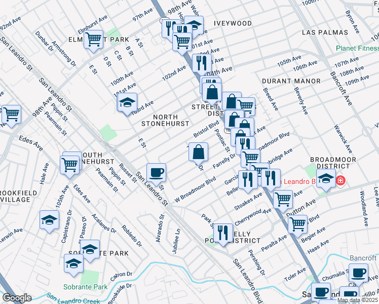 map of restaurants, bars, coffee shops, grocery stores, and more near 319 Bristol Boulevard in San Leandro