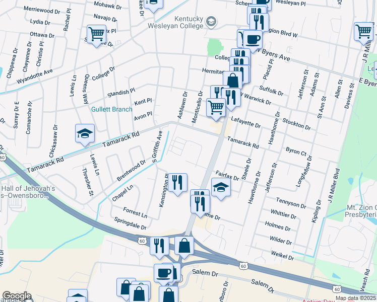map of restaurants, bars, coffee shops, grocery stores, and more near 3800 Frederica Street in Owensboro