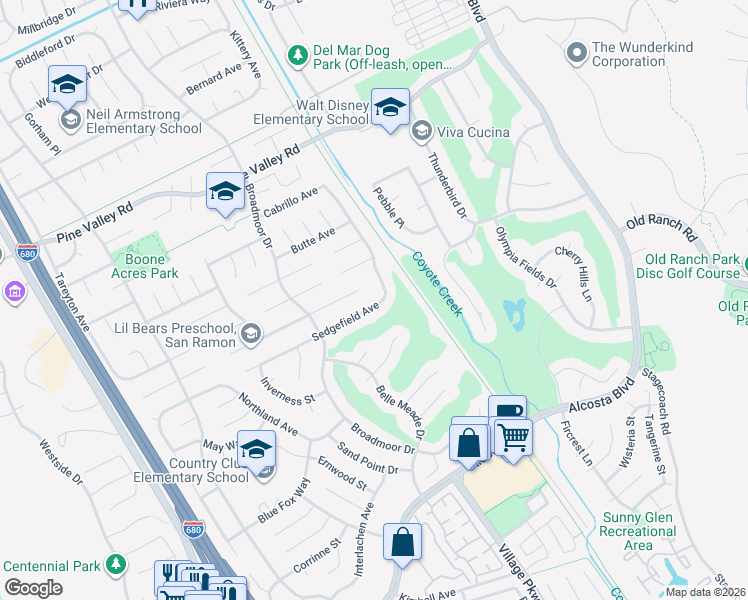 map of restaurants, bars, coffee shops, grocery stores, and more near 7380 Sedgefield Avenue in San Ramon