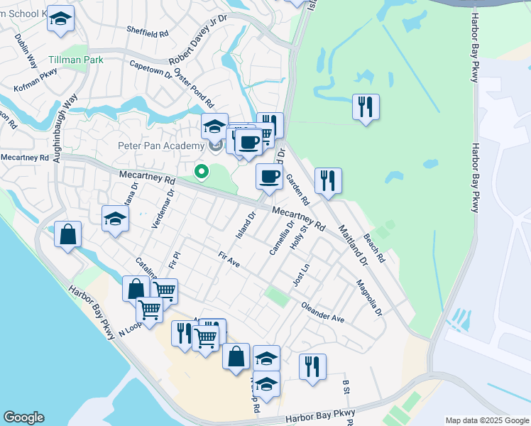map of restaurants, bars, coffee shops, grocery stores, and more near 1001 Azalea Drive in Alameda