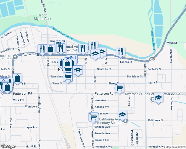 map of restaurants, bars, coffee shops, grocery stores, and more near 3531 Stanislaus Street in Riverbank