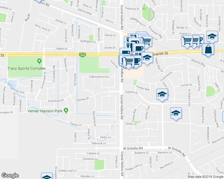map of restaurants, bars, coffee shops, grocery stores, and more near 2107 Shenandoah Drive in Tracy