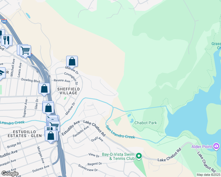 map of restaurants, bars, coffee shops, grocery stores, and more near 11740 Cranford Way in Oakland