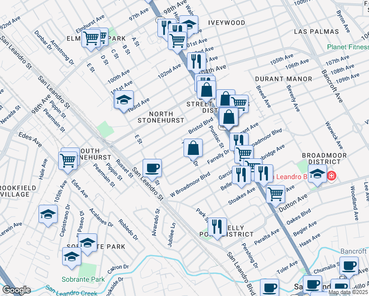 map of restaurants, bars, coffee shops, grocery stores, and more near 319 Bristol Boulevard in San Leandro