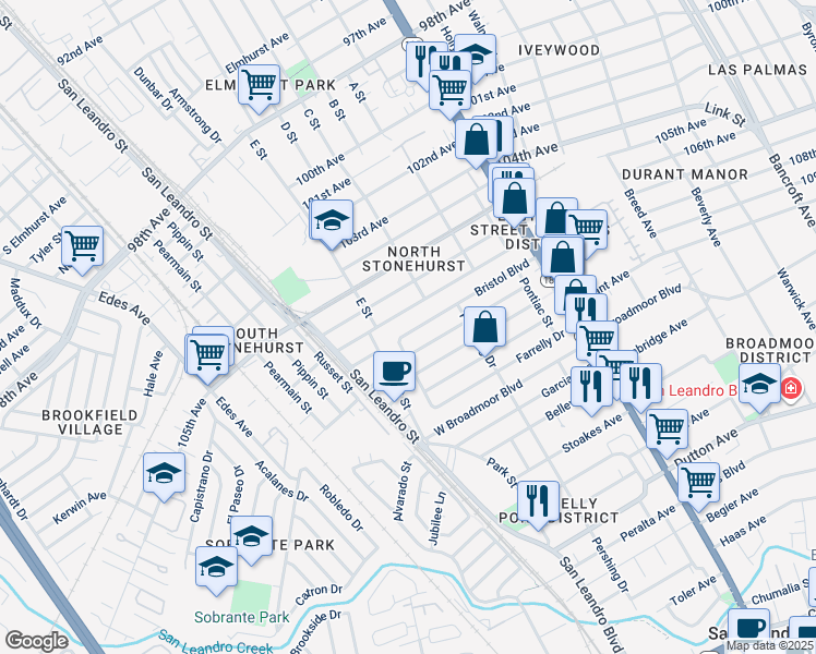 map of restaurants, bars, coffee shops, grocery stores, and more near 374 Bristol Boulevard in San Leandro