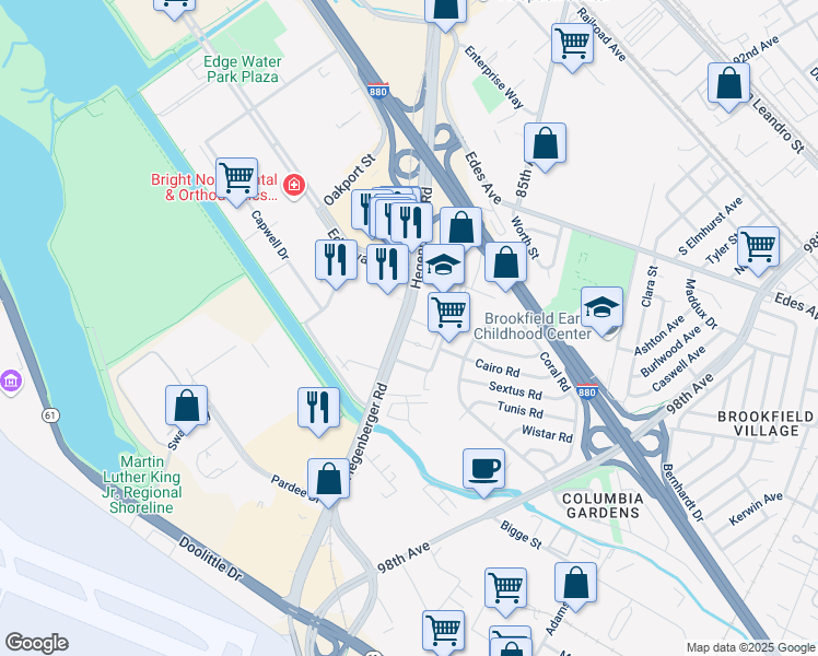 map of restaurants, bars, coffee shops, grocery stores, and more near 350 Hegenberger Road in Oakland