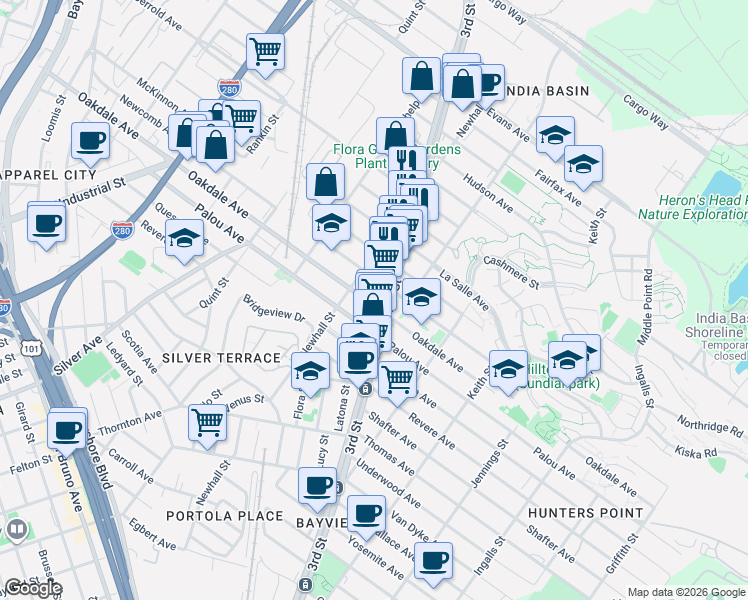 map of restaurants, bars, coffee shops, grocery stores, and more near 4712-4720 3rd Street in San Francisco