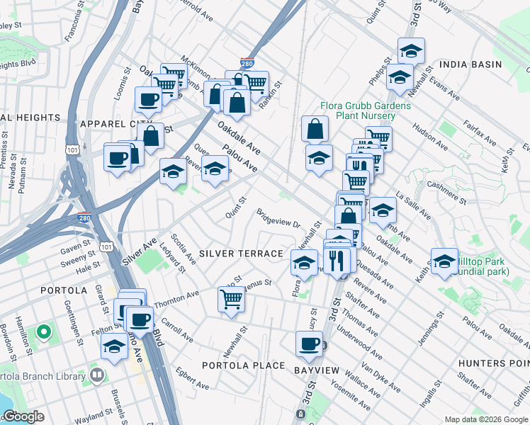 map of restaurants, bars, coffee shops, grocery stores, and more near 166 Bridgeview Drive in San Francisco