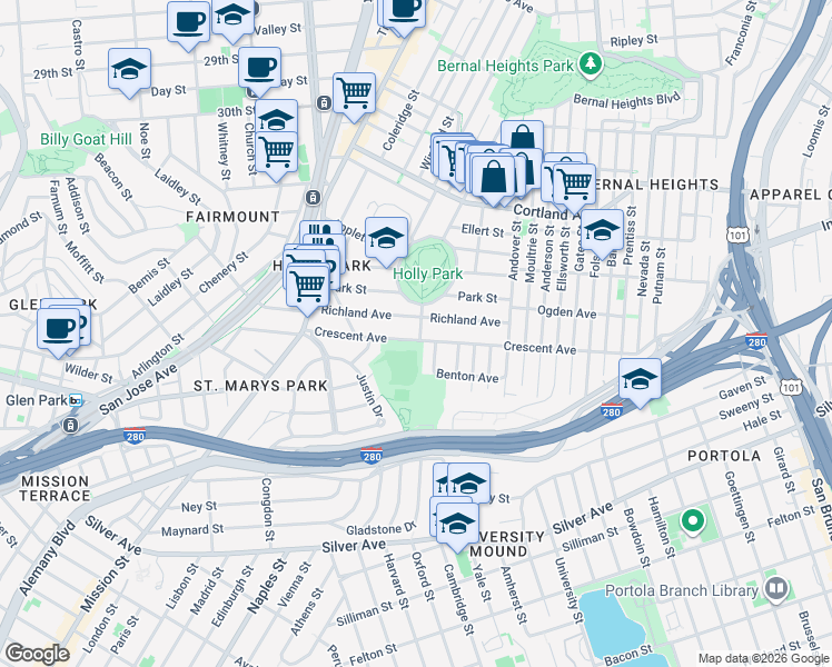 map of restaurants, bars, coffee shops, grocery stores, and more near 268 Richland Avenue in San Francisco