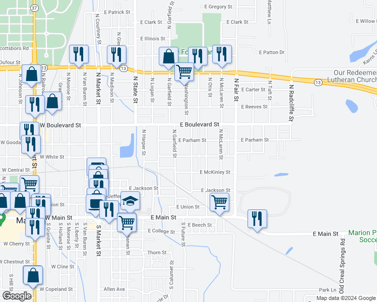 map of restaurants, bars, coffee shops, grocery stores, and more near 605 East Parham Street in Marion
