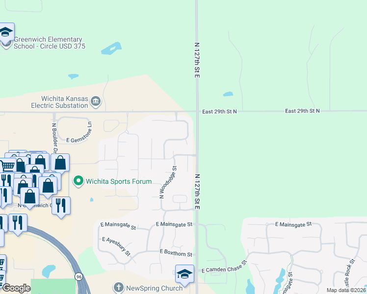 map of restaurants, bars, coffee shops, grocery stores, and more near 2930 North Woodridge Street in Wichita