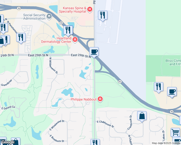 map of restaurants, bars, coffee shops, grocery stores, and more near 2831 North Plumthicket Circle in Wichita