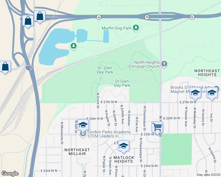 map of restaurants, bars, coffee shops, grocery stores, and more near 2514 East Conquest Street in Wichita