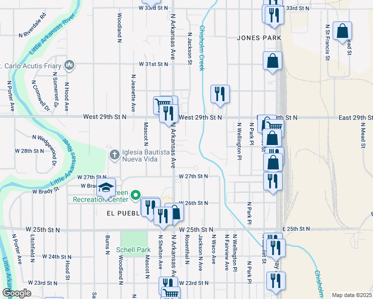 map of restaurants, bars, coffee shops, grocery stores, and more near 2844 North Arkansas in Wichita