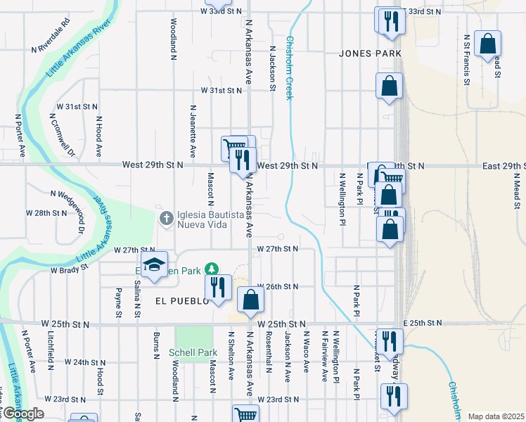 map of restaurants, bars, coffee shops, grocery stores, and more near 2844 North Arkansas in Wichita