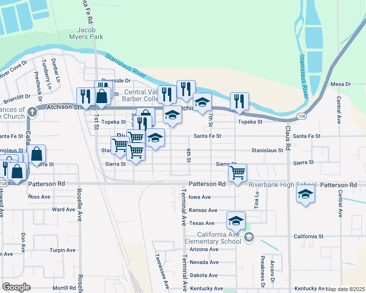 map of restaurants, bars, coffee shops, grocery stores, and more near 3531 Stanislaus Street in Riverbank