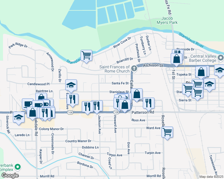 map of restaurants, bars, coffee shops, grocery stores, and more near 2649 Stanislaus Street in Riverbank