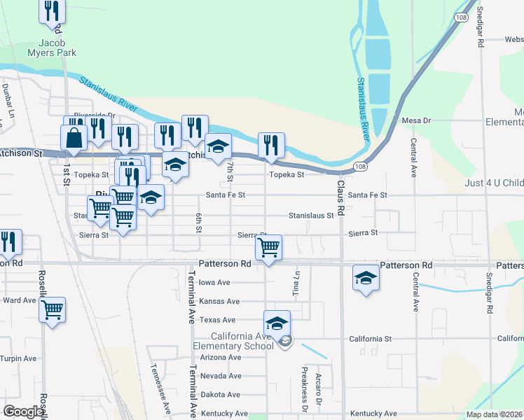 map of restaurants, bars, coffee shops, grocery stores, and more near 6623 8th Street in Riverbank