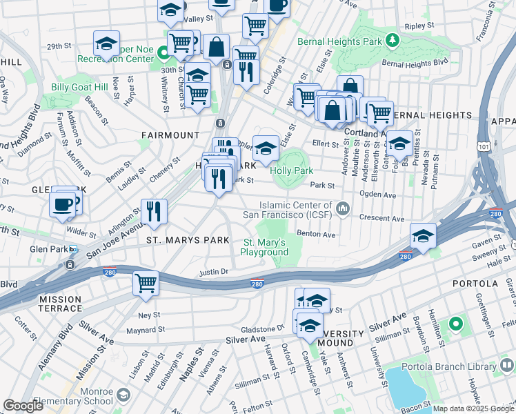 map of restaurants, bars, coffee shops, grocery stores, and more near 127 Crescent Avenue in San Francisco