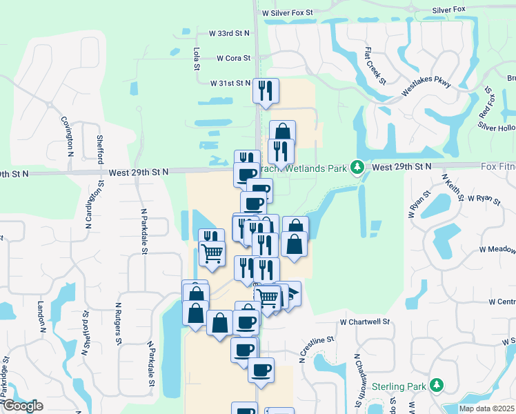 map of restaurants, bars, coffee shops, grocery stores, and more near 2735 North Maize Road in Wichita