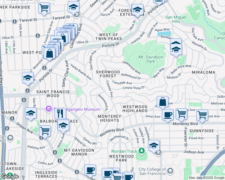 map of restaurants, bars, coffee shops, grocery stores, and more near 298 Casitas Avenue in San Francisco
