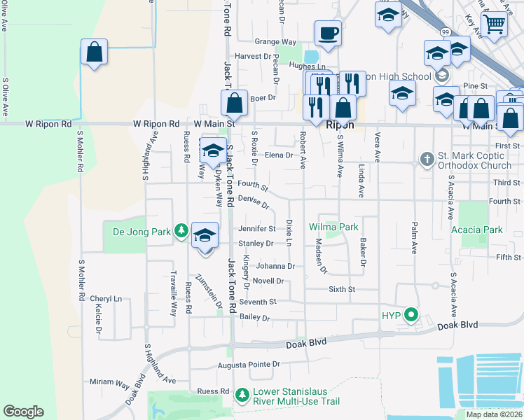 map of restaurants, bars, coffee shops, grocery stores, and more near 1434 Denise Drive in Ripon