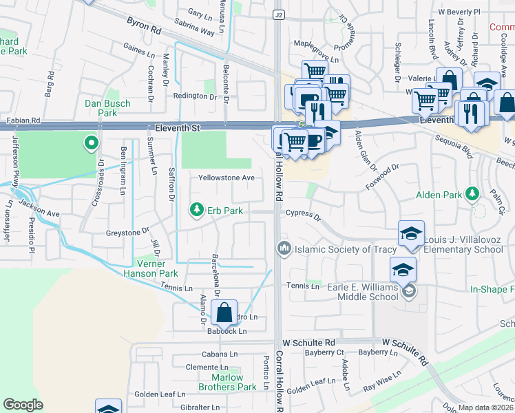 map of restaurants, bars, coffee shops, grocery stores, and more near 2107 Shenandoah Drive in Tracy