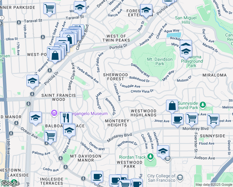 map of restaurants, bars, coffee shops, grocery stores, and more near 300 Casitas Avenue in San Francisco