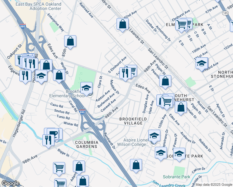 map of restaurants, bars, coffee shops, grocery stores, and more near 464 Burlwood Avenue in Oakland