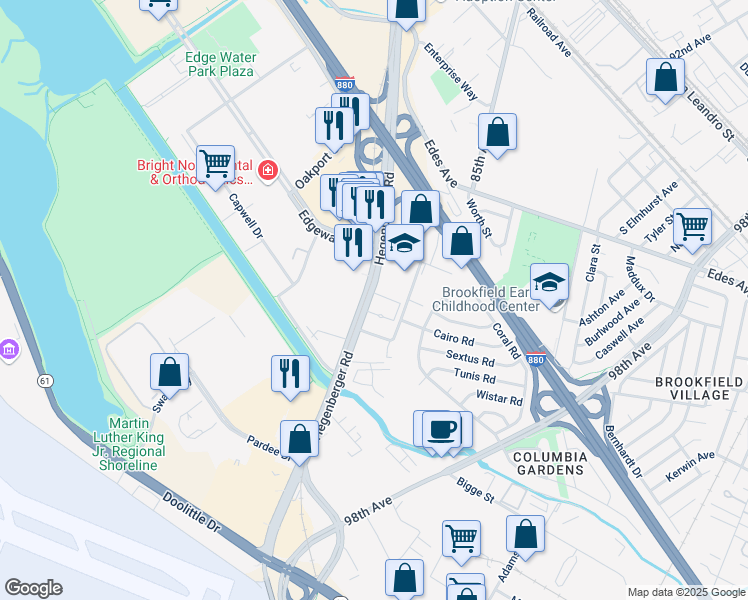 map of restaurants, bars, coffee shops, grocery stores, and more near 350 Hegenberger Road in Oakland