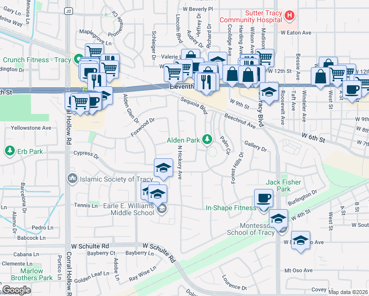 map of restaurants, bars, coffee shops, grocery stores, and more near 1461 Pine Court in Tracy