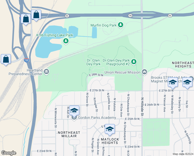 map of restaurants, bars, coffee shops, grocery stores, and more near 2514 East Conquest Street in Wichita