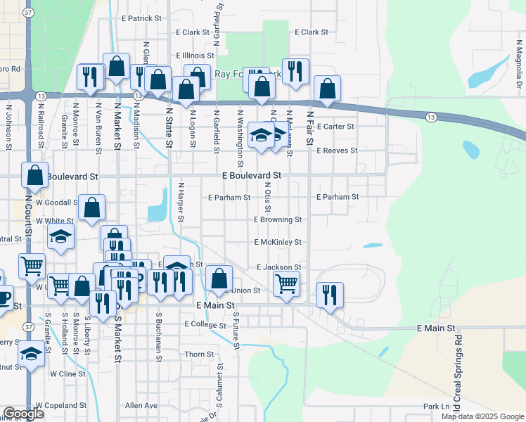 map of restaurants, bars, coffee shops, grocery stores, and more near 704 North Otis Street in Marion